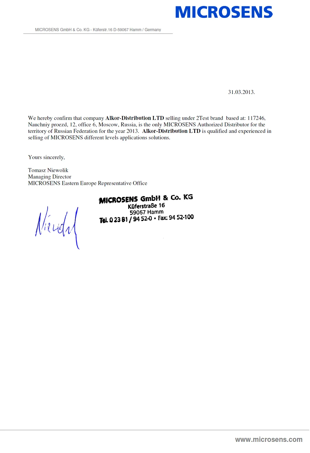 2test — единственный официальный дистрибьютор MICROSENS в 2013 г.