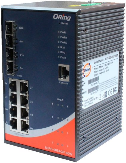 12-портовый Gigabit Ethernet PoE-коммутатор повышенной мощности ORing IGPS-9084GP-60W